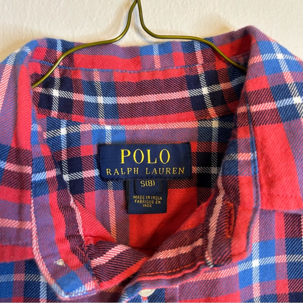 Polo by Ralph Lauren‎ Boys Red and Blue Plaid Kids Flannel Button Down Size S-8 - Picture 3 of 9